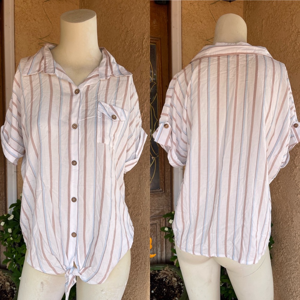 Love Notes Striped Button-Down Tie Front Shirt (XL)